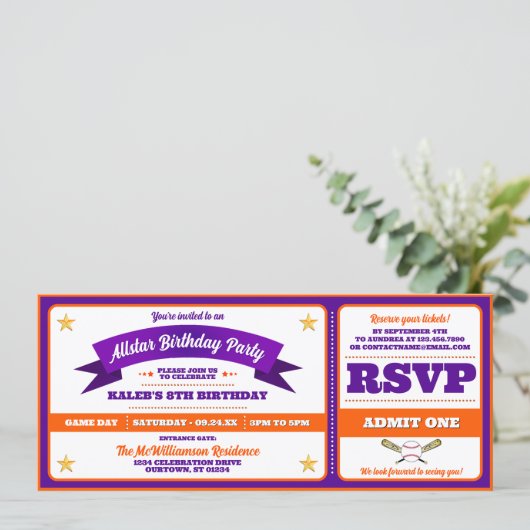 Ticket Style Baseball Birthday Party 招待状 (スタンド正面)