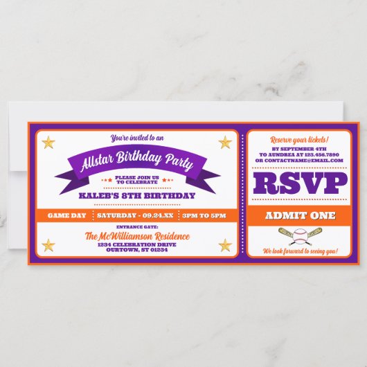 Ticket Style Baseball Birthday Party 招待状 (正面)