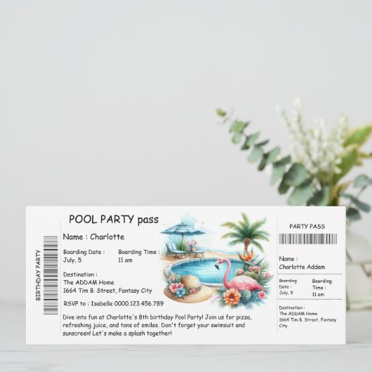 Ticket-Style Pool Party Invitation – Birthday Bash 招待状 (スタンド正面)
