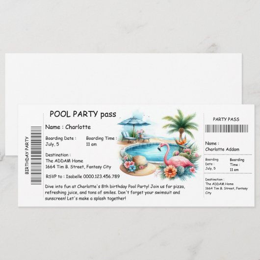 Ticket-Style Pool Party Invitation – Birthday Bash 招待状 (正面/裏面)