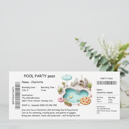 Ticket-Style Pool Party Invitation – Birthday Bash 招待状 (スタンド正面)