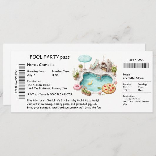 Ticket-Style Pool Party Invitation – Birthday Bash 招待状 (正面/裏面)