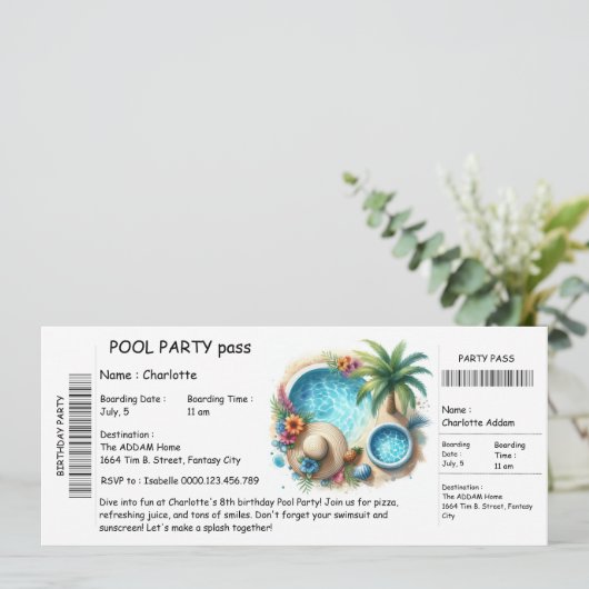 Ticket-Style Pool Party Invitation – Birthday Bash 招待状 (スタンド正面)