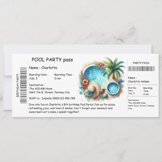 Ticket-Style Pool Party Invitation – Birthday Bash 招待状 (正面)