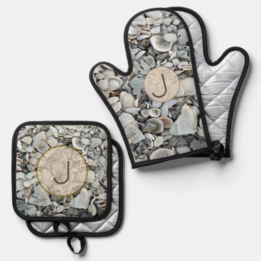 Tidewashed Shells Initial Design 鍋つかみ&鍋敷きセット (正面/裏面)