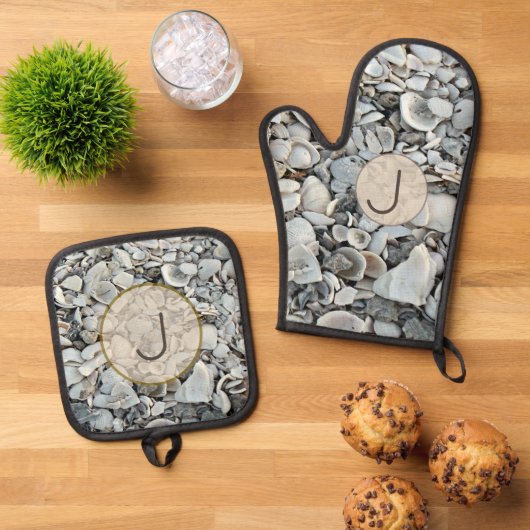 Tidewashed Shells Initial Design 鍋つかみ&鍋敷きセット (トップダウン)