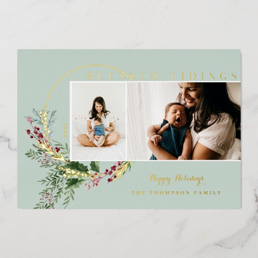 Tidings賛美 Water Color緑のリース写真 箔シーズンカード (正面)