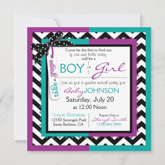 TieまたはTutu & Chevronプリントの性別表示パーティー 招待状 (裏面)