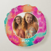 Tie Dye Border with Photo and Year - Pink Aqua ラウンドクッション (裏面)