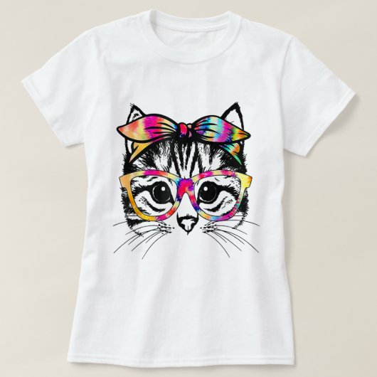 Tie-Dye Cat Face with Glasses Design Tシャツ (デザイン正面)