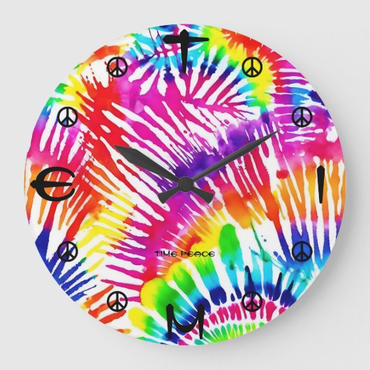 Tie Dye Color Burst Peace Design Wall Timepiece ラージ壁時計 (正面)