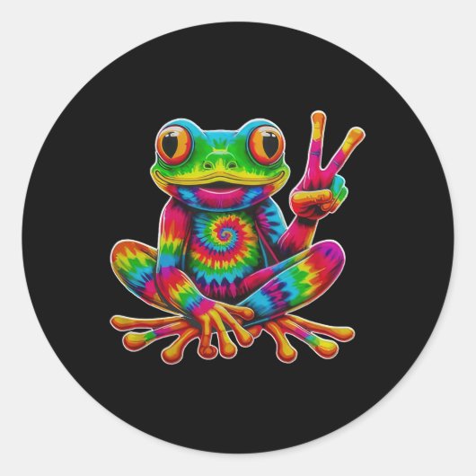 Tie-dye Frog Peace Sign Hippie Christmas Frog  ラウンドシール (正面)
