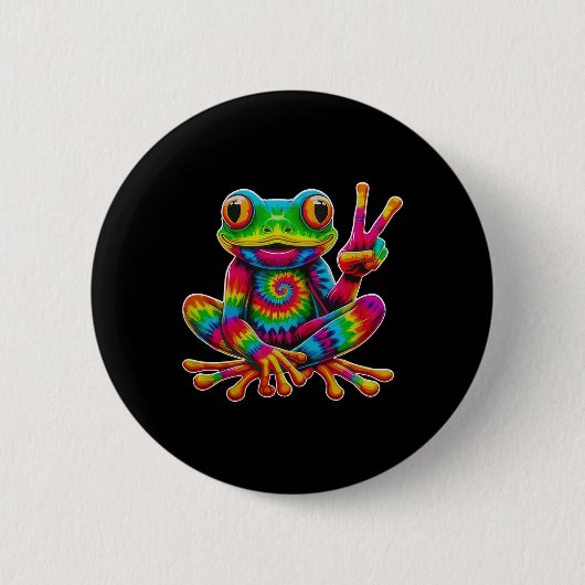 Tie-dye Frog Peace Sign Hippie Christmas Frog  缶バッジ (正面)