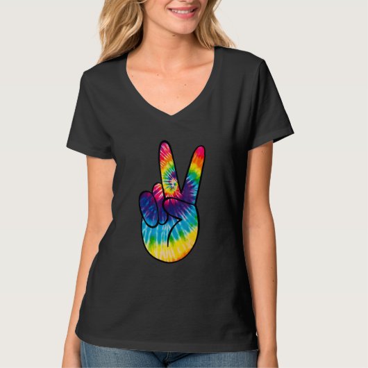 Tie Dye Peace Sign Hand Hippies V 1 Tシャツ (正面)