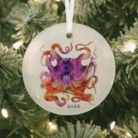 TIE DYE PURPLE AND PINK OCTOPUS CHRISTMAS ORNAMENT ガラスオーナメント<br><div class="desc">Rainbow psychedelic 1960s trend tie dye watercolor retro octopus Christmas ornament in purple,  orange,  yellow,  red,  and blue. It's super easy to personalize the year,  or customize it any way you like!</div>