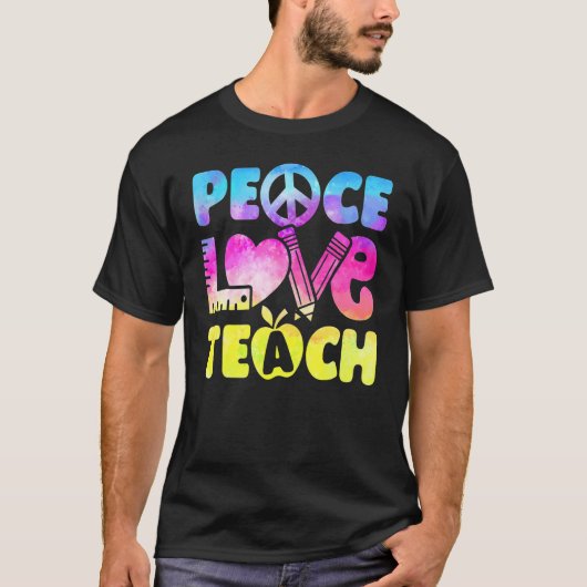 Tie Dye Teacher Peace Love Teach First Day 100 Day Tシャツ (正面)