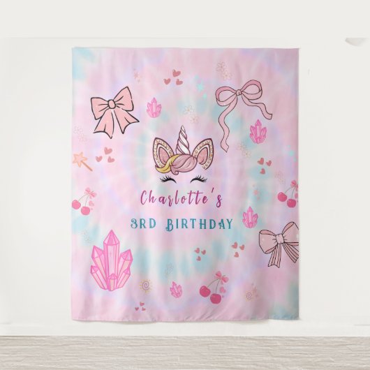  Tie Dye Unicorn Coquette Bow Birthday Backdrop  タペストリー (正面)
