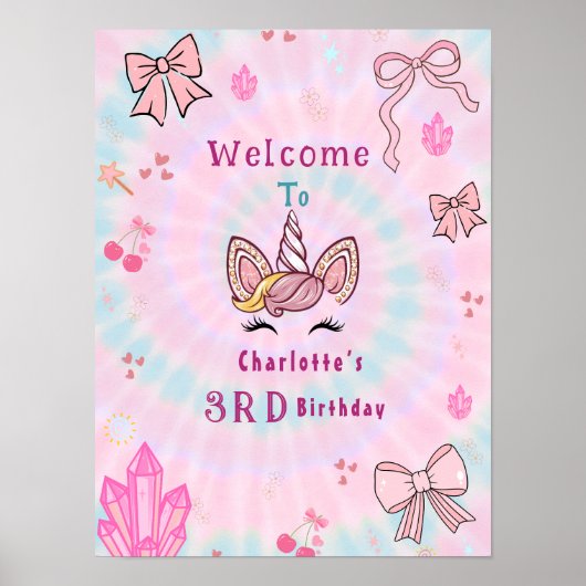 Tie Dye Unicorn Coquette Bow Birthday welcome sign ポスター (正面)