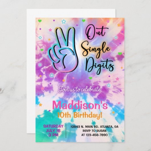 TieDyeアウト指独身の数女の子の誕生日招待状。 招待状 (正面/裏面)