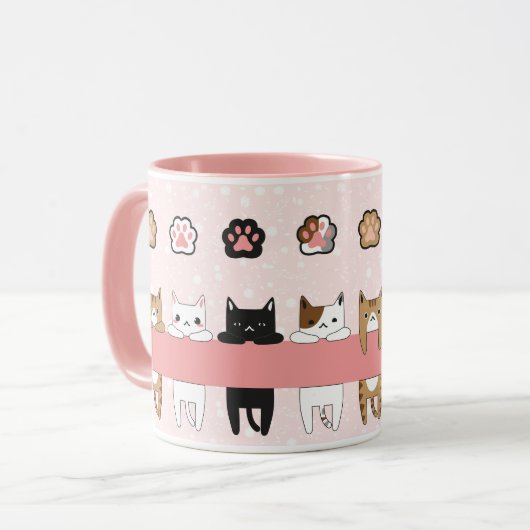 Tiernos gatitos en fondo rosa con flores マグカップ (正面左)