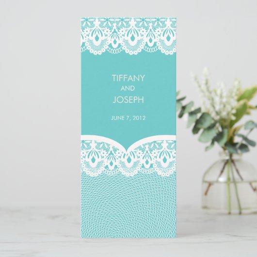 Tiffanyのティール（緑がかった色）の白いレースの結婚式招待状 招待状 (スタンド正面)