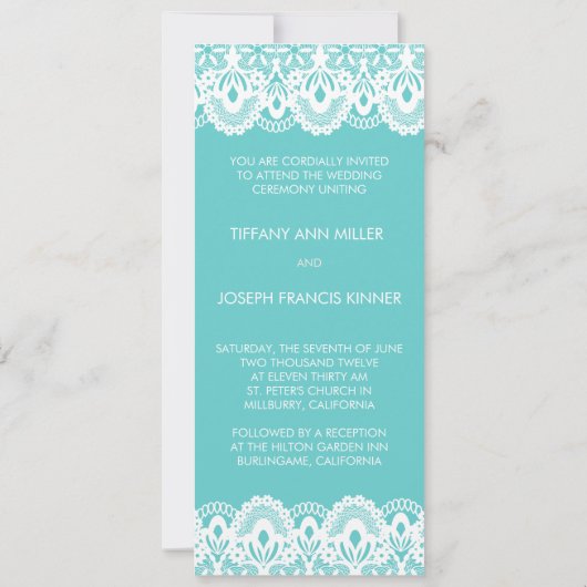 Tiffanyのティール（緑がかった色）の白いレースの結婚式招待状 招待状 (裏面)