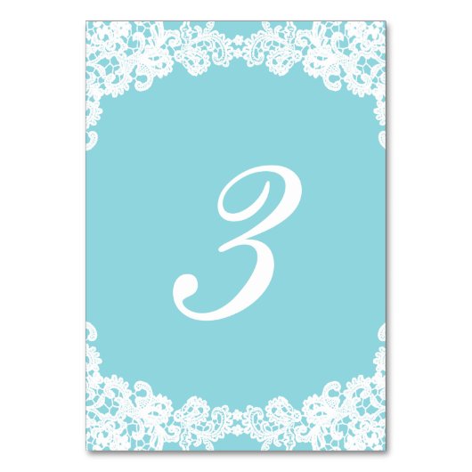 Tiffanyまたはミントの青くエレガントなレースの結婚式のテーブルカード テーブルナンバー (正面)
