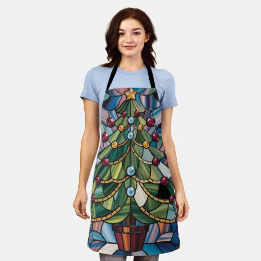 Tiffany-Style Stained Glass Christmas Tree エプロン (着用した状態)