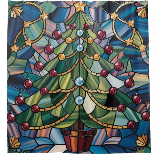 Tiffany-Style Stained Glass Christmas Tree シャワーカーテン (正面)