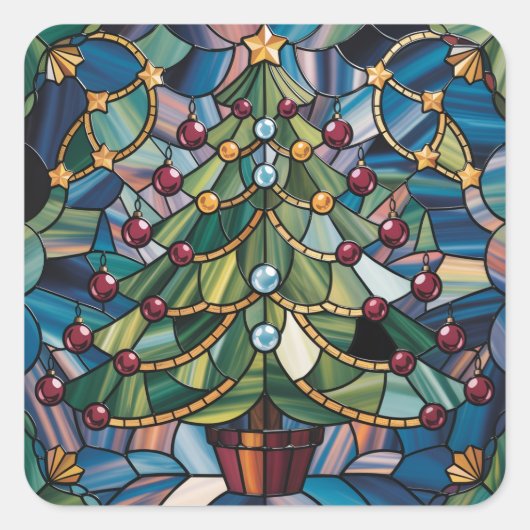 Tiffany-Style Stained Glass Christmas Tree スクエアシール (正面)