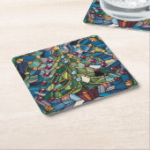 Tiffany-Style Stained Glass Christmas Tree スクエアペーパーコースター (アングル)