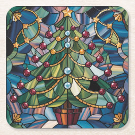 Tiffany-Style Stained Glass Christmas Tree スクエアペーパーコースター