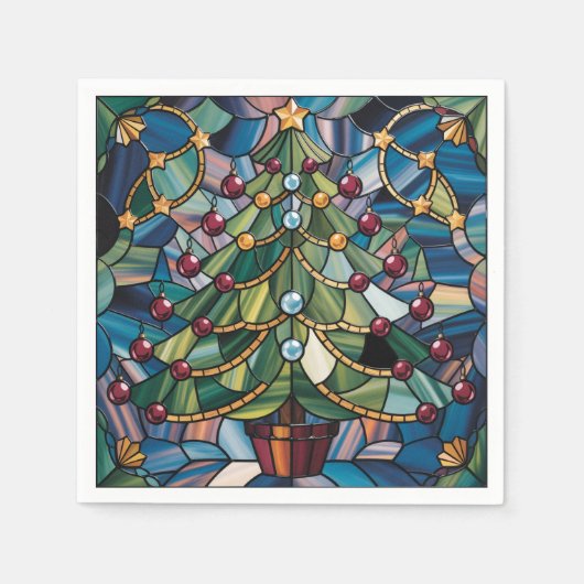 Tiffany-Style Stained Glass Christmas Tree スタンダードカクテルナプキン (正面)