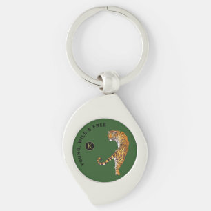 Tiger パーソナライズされた Monogram緑の背景 キーホルダー
