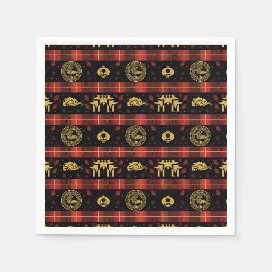 Tiger 中国の Redチェックパターンの新年 スタンダードカクテルナプキン (正面)