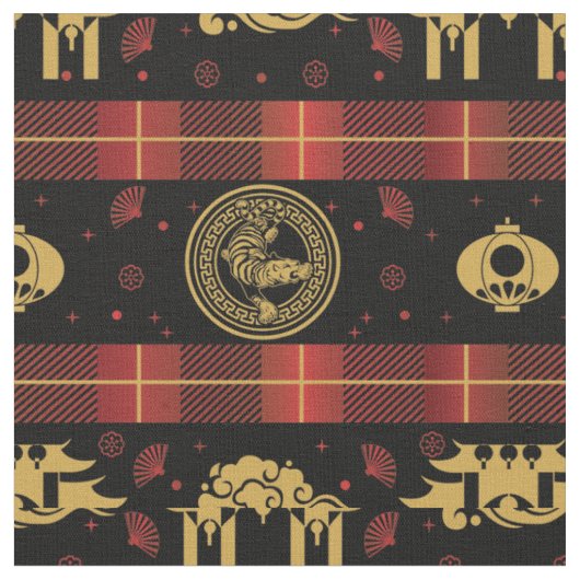 Tiger 中国の Redチェックパターンの新年 ファブリック (クローズアップ)