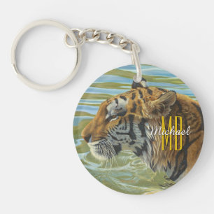 Tiger 絵画's, Personalize Monogram & Script Name キーホルダー