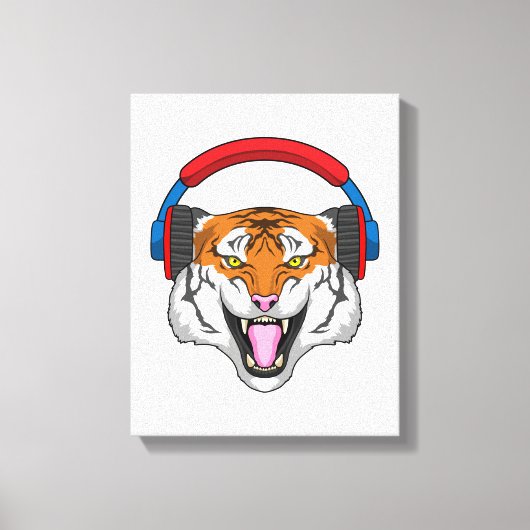 Tiger at Music with Headphone キャンバスプリント (正面)