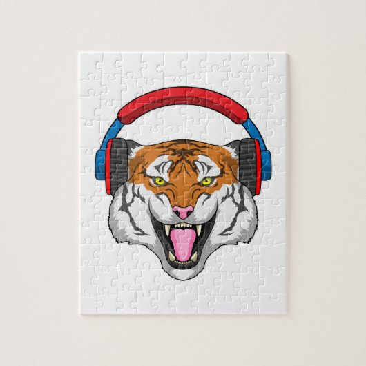 Tiger at Music with Headphone ジグソーパズル (縦)