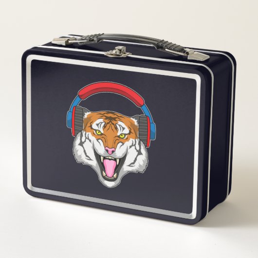 Tiger at Music with Headphone メタルランチボックス (正面)