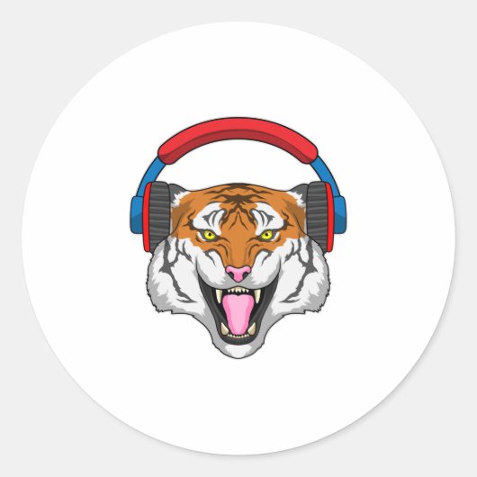 Tiger at Music with Headphone ラウンドシール (正面)