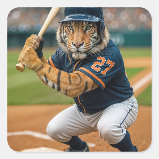 Tiger Baseball Player #27 Up To Bat スクエアシール (正面)