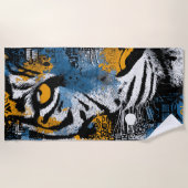 Tiger Beach Towel – Bold Yellow Blue Graphic Art ビーチタオル (正面)