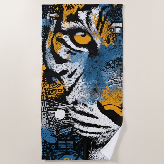 Tiger Beach Towel – Bold Yellow Blue Graphic Art ビーチタオル (正面)
