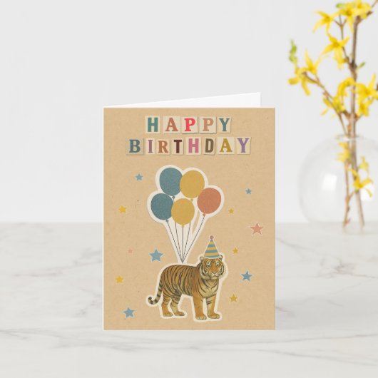 Tiger Birthday Card – Retro Collage Style カード (黄色い花)