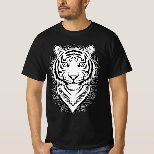 Tiger Face Minimalist Line Art Black and White Tシャツ (正面)