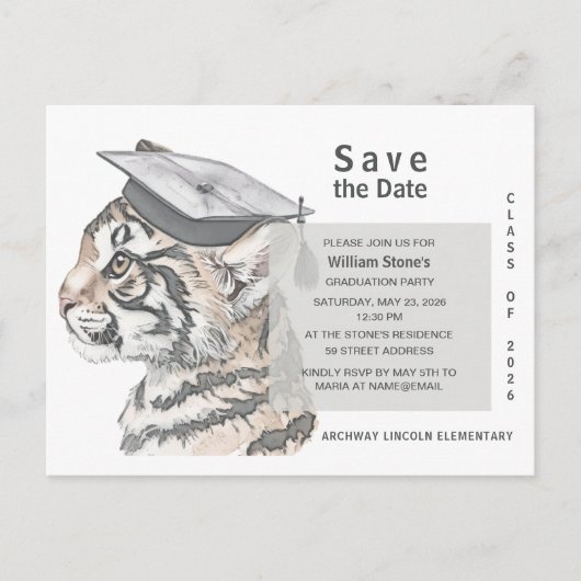Tiger Grad | Graduation Save the Date Card インビテーションポストカード (正面)