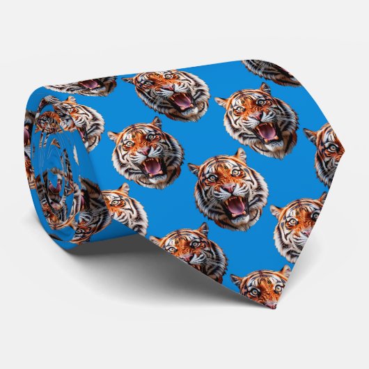 Tiger Head Pattern Design Blue  ネクタイ (ロール)