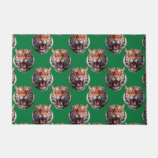 Tiger Head Pattern Design Green  ドアマット (正面)