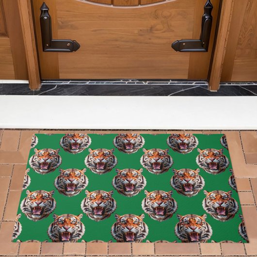 Tiger Head Pattern Design Green  ドアマット